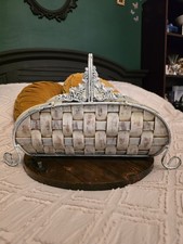 Distressed White Bamboo Basket With Metal Detail