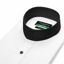 Men's Evening Wedding White Shirt High Band Mandarin Grandad Black Collar Cuff
