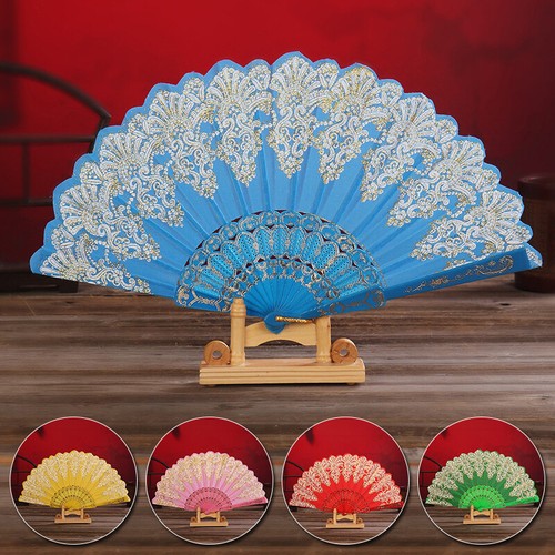 Chinese Style Folding Fan Gold Powder Hand Held Flower Dance Fan Party Wedding - Picture 7 of 33