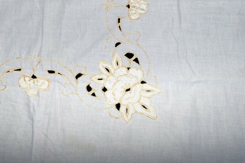 Vintage Cream with Gold Floral Embroidery Cutwork Cotton Tablecloth 30 x 32 - Picture 7 of 10