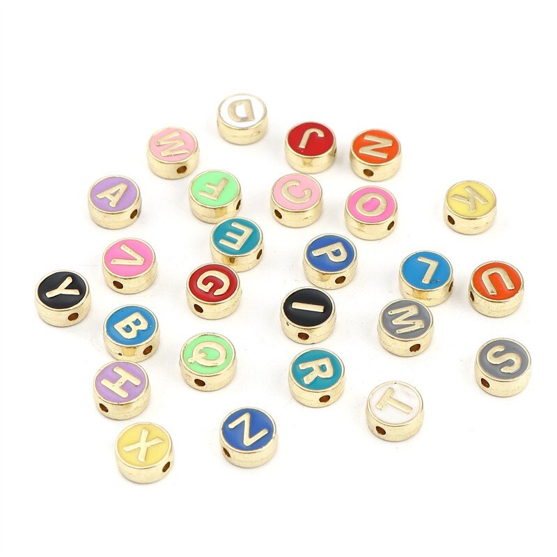 20pcs Flat Round Initial Letter A~Z Alloy Enamel Beads Metal Alphabet  Spacer 8mm