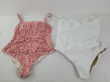 M S Womens 2pcs Swimwear Bundle Red Patterned White Size 22 Scalloped New F2