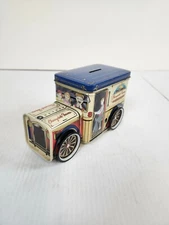 Cherrydale Farms Delivery Truck Tin Box Coin Bank with Rotating Wheels Vintage