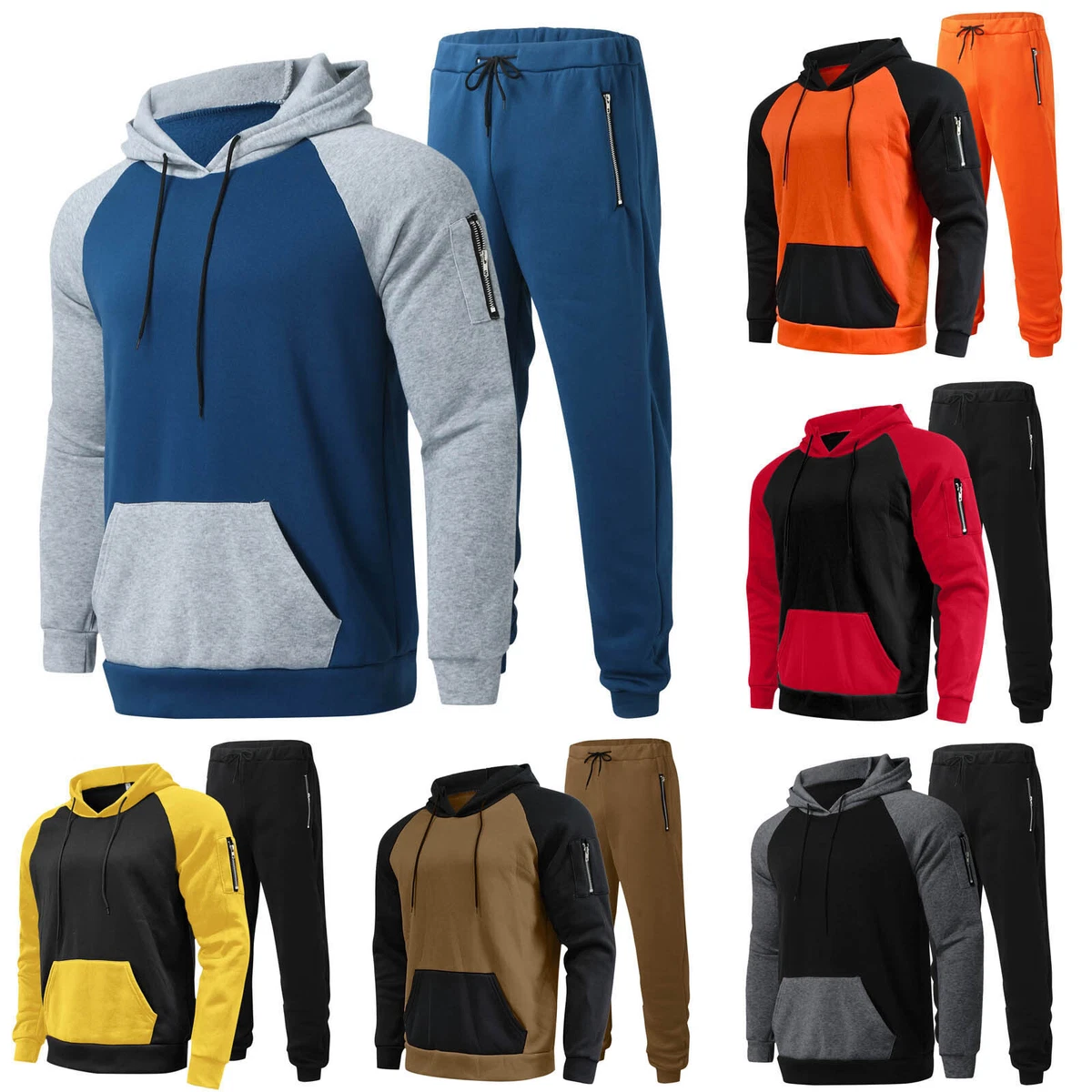 Male Casual Solid Two Piece Suit Zipper Pocket Raglan Sleeve Hoodies Drawstring