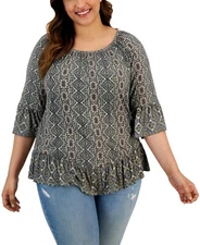 Style & Co. Womens Gathered Bell Sleeves Blouse Olive Striped Sz-1X