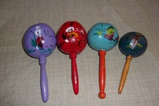 Vtg Mexican Maracas Wooden Handles Hand Painted Gourds Musical Instrument Shaker