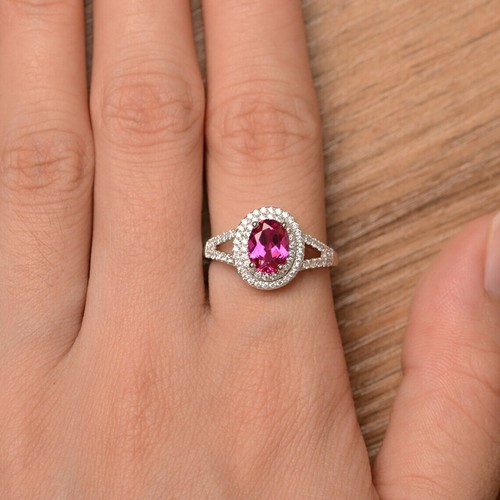 925 Sterling Silver Pink Ruby Halo Ring Lab Created Gemstone Women Dainty Ring - Picture 2 of 5
