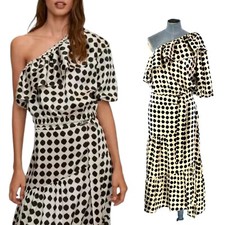 Co Ord Skirt Blouse Mango One Shoulder Ruffle Polka Dot Maxi Tiered Satin Size M