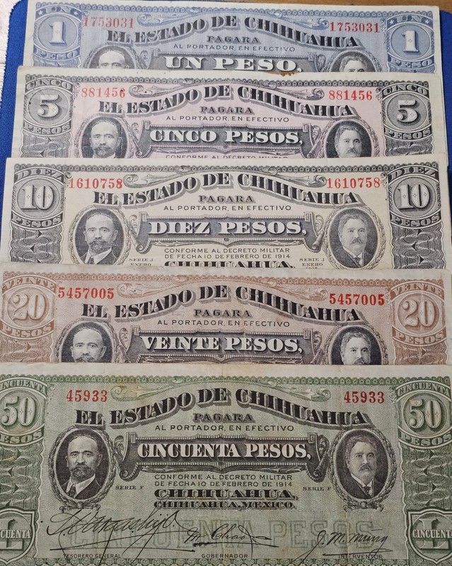 A 1914 Mexico Chihuahua 1P, 5P,  10P,  20P, 50 Pesos Notes. Set Of 5!
