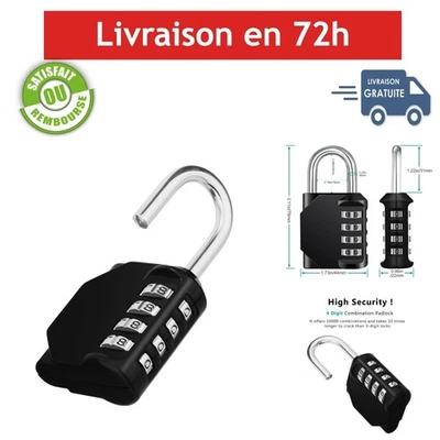 Cadenas à Code 4 Chiffres ZHEGE Noir - Sécurisé Intérieur/Extérieur - Photo 1/4