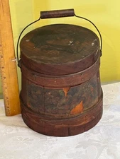 Antique Boston Bentwood miniature fruit firkin sugar bucket AAFA label raspberry