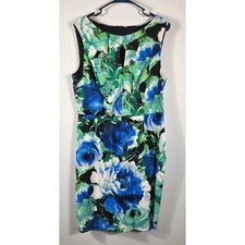 Connected Apparel Floral Sheath Dress Blue Green Black Keyhole Size 12