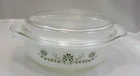 VTG. 1960s Glasbake Glass Casserole Baking Dish with Lid Green Daisy Milk Glass