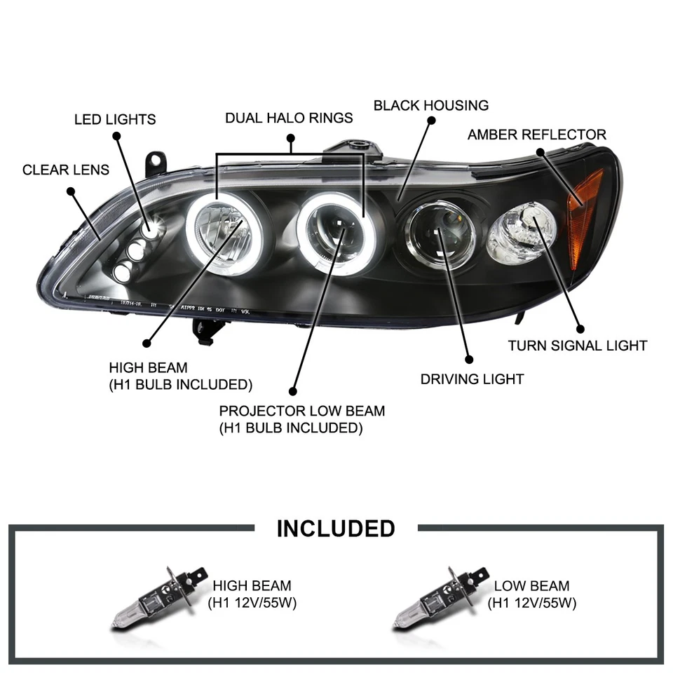 Black Fits 1998-2002 Honda Accord Led Halo Projector Headlights Head Lamps 98-02 - Imagem 3 de 4
