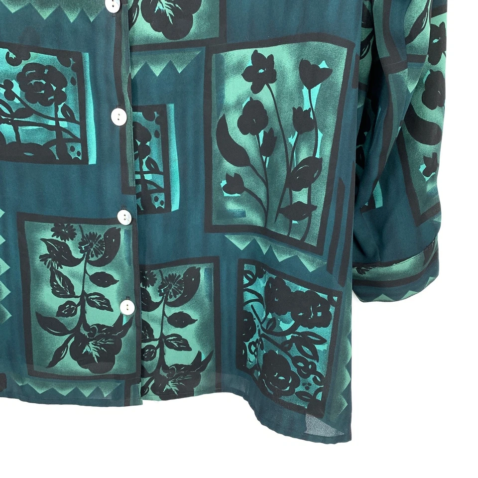 Vintage 90s Notations Button Front Blouse Womens Sz 1X Teal Green Floral Print - Image 4 of 4