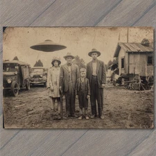 POSTCARD Alien UFO Flying Saucer Old Photo Rural Family Paranormal Strange Humor
