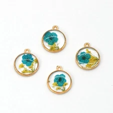 4PCS Gold Tone Dry Pressed Daffodil Flower Resin Round Charm Pendant GBY1752