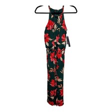 Maggy London Jumpsuit Green Floral Tropical Print Halter Neck Pockets Size 2 NEW