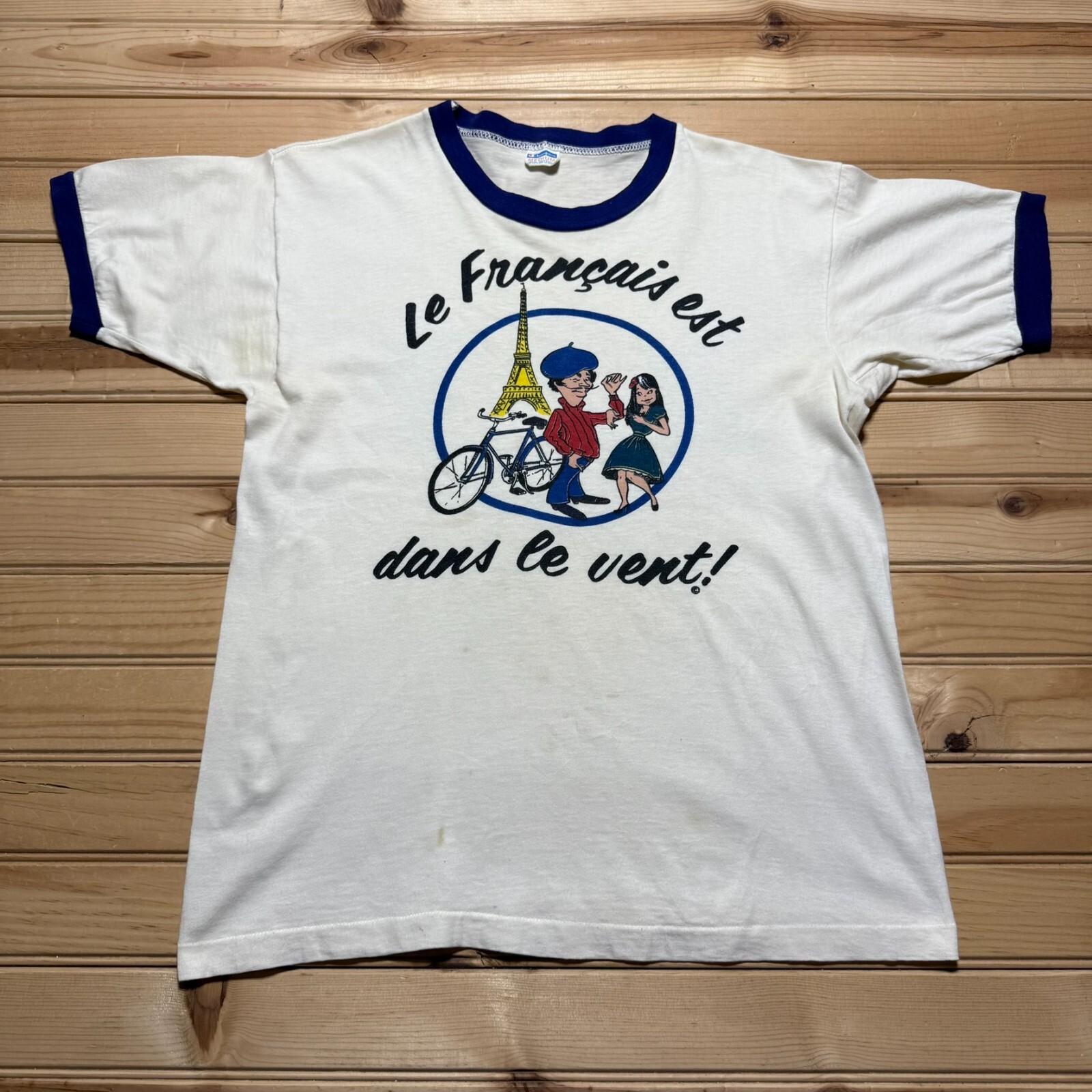 Vintage 70s Champion Blue Bar French Paris Bike Cartoon Ringer Tee - Medium