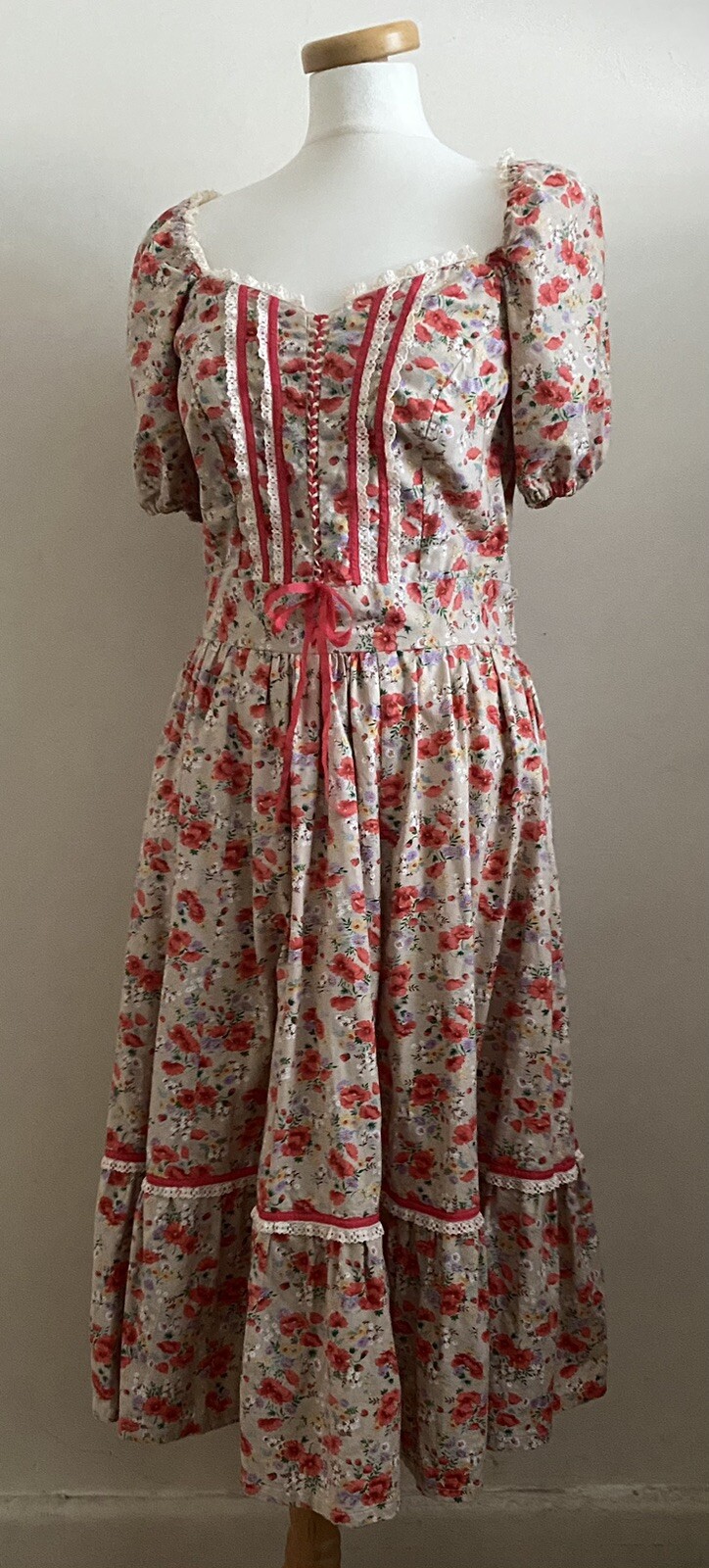 Vintage Cotton Dress Floral Handmade Edwardian Victorian Style Rustic Milkmaid 