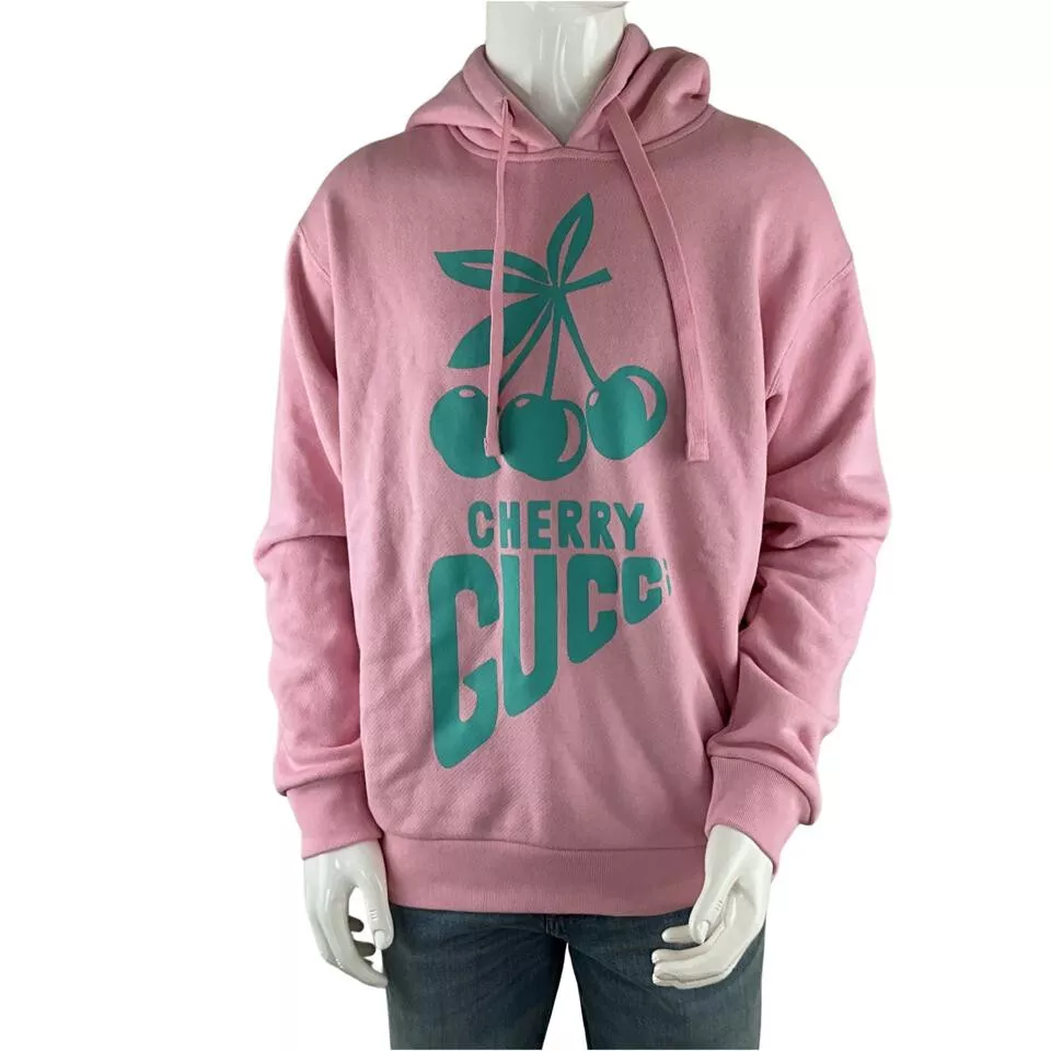Sweat à capuche homme Gucci léger feutré coton jersey imprimé cerise rose taille S
