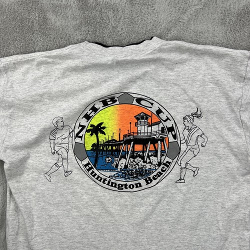 Vtg Huntington Beach Shirt Mens XL Gray 90s Surf Soccer Flip Sleeve Graphic USA - Picture 16 of 19