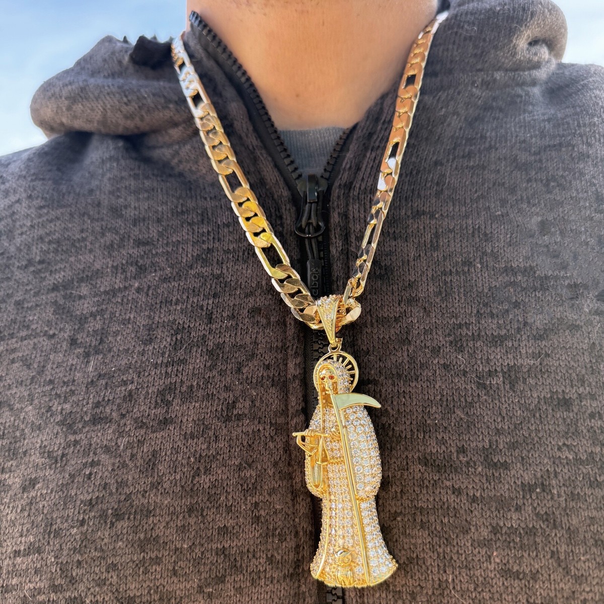 14K Gold Plated La Santa Muerte CZ Big Pendant Figaro Link