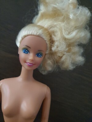 BARBIE DOLL long hair blonde blue eye bun soft legs smile curly