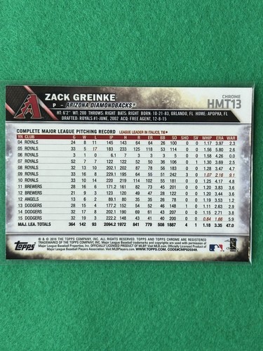 2016 Topps Chrome Update Speckle Zack Greinke #HMT13 - Picture 2 of 2