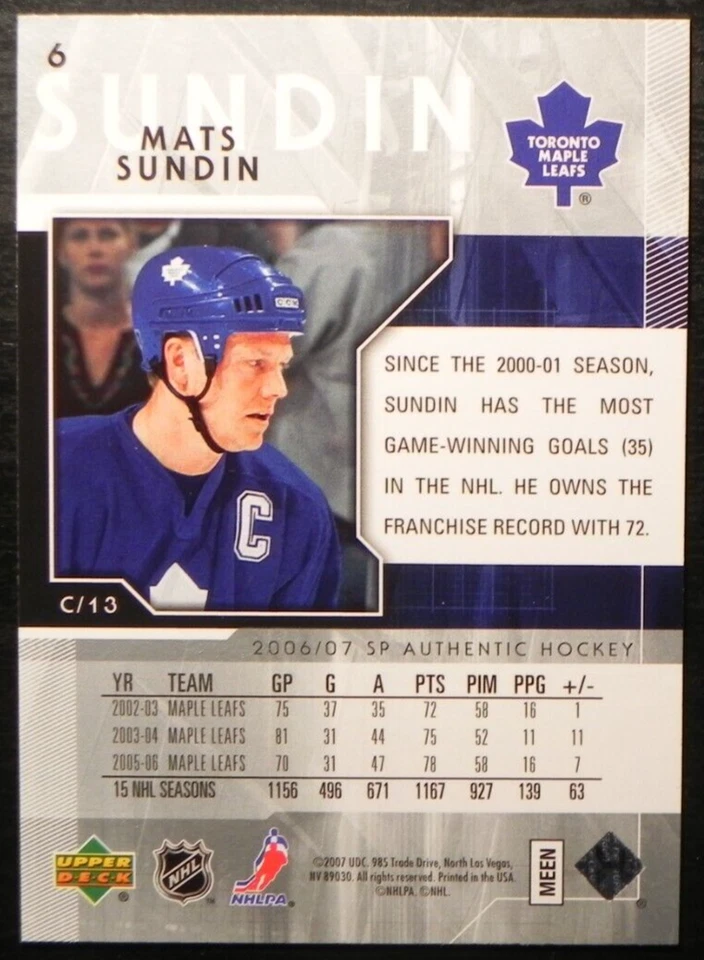 2006-07 06/07 SP Authentic #6 Mats Sundin Toronto Maple Leafs - Image 2 of 2