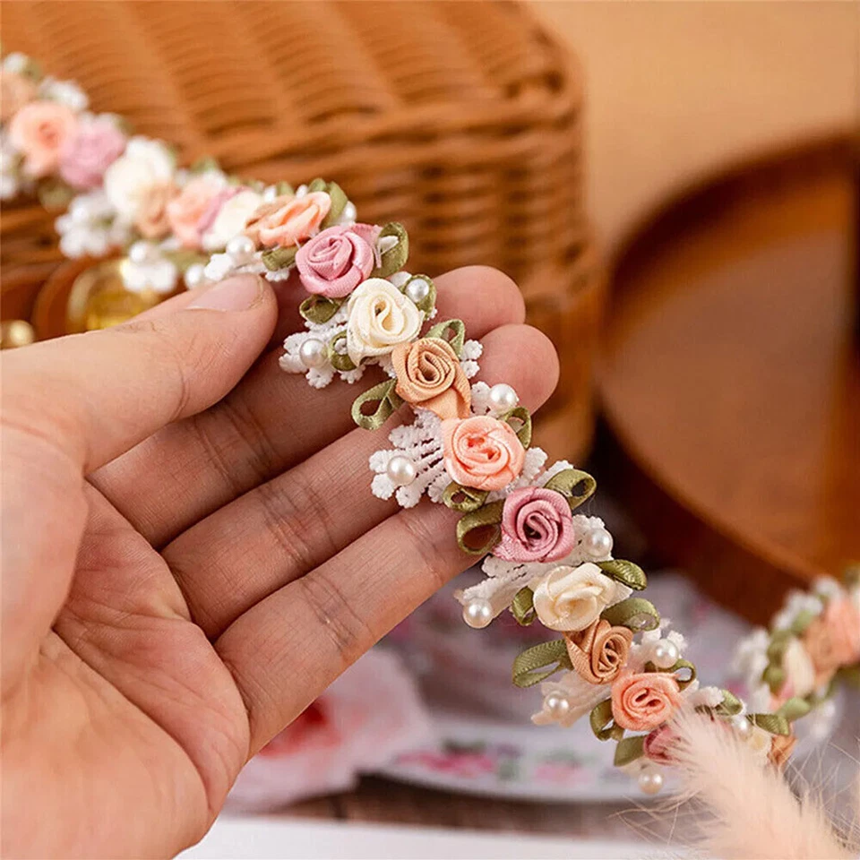 1-5 yards Embroidered Flower Pearl Beads Lace Trim Ribbon Applique Sewing Craft - Image 4 of 4