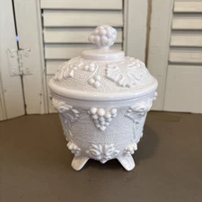 Vintage Jeannette Glass Pink Milk Glass Footed Candy Dish w/Lid Grape Pattern