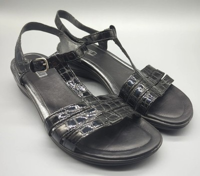 ECCO Sensata T-Strap Wedge Sandals Black Embossed Leather Alligator Womens 8.5