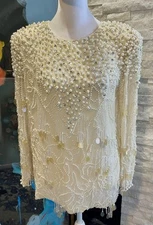 VTG 1980s  Oleg Cassini Cream Silk Pearl Beaded And Sequin Blouse Size Small