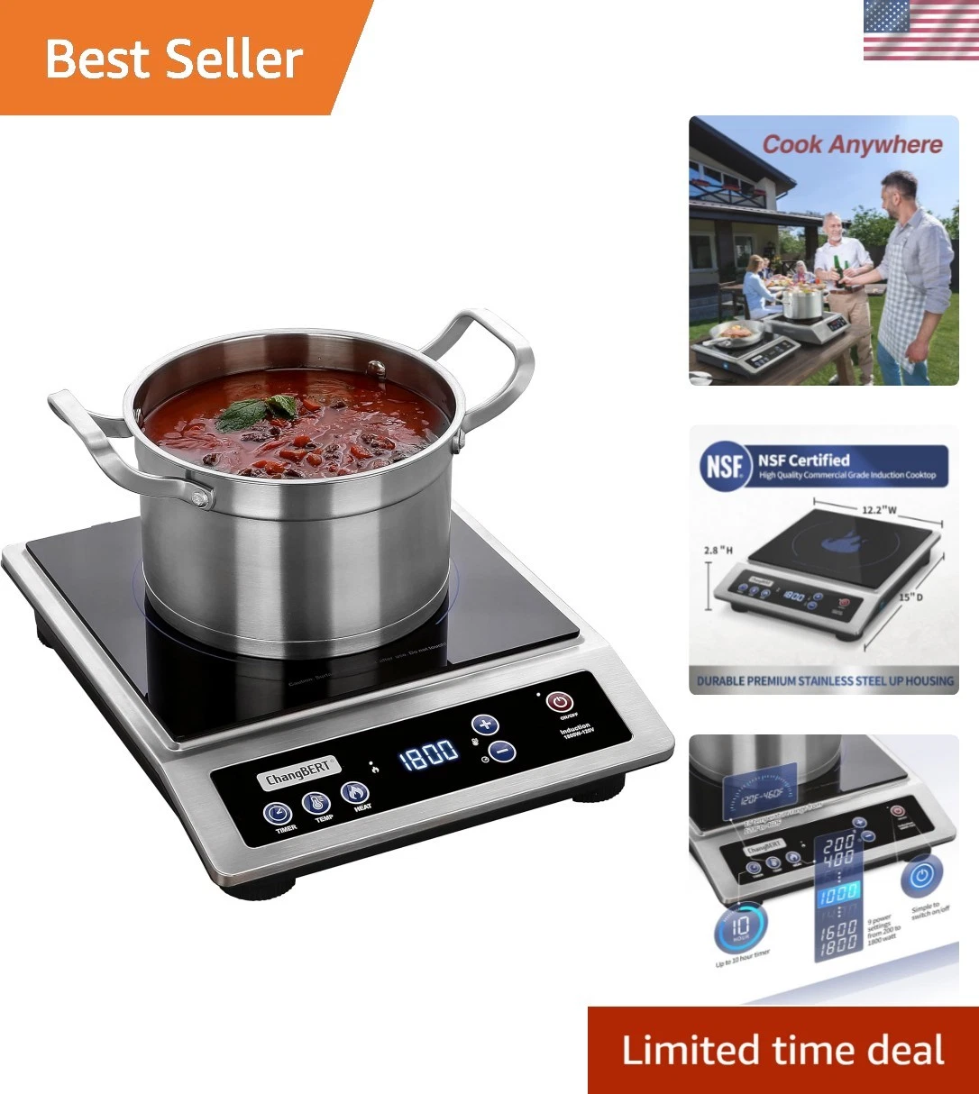Induction Cooktop, Commercial Grade Portable Cooker, Large 8” Heating Coil, ...