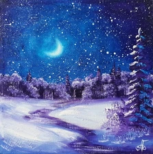 Original Oil Landscape Painting Moonlit Winter Night Snow Forest Canvas Art Mini