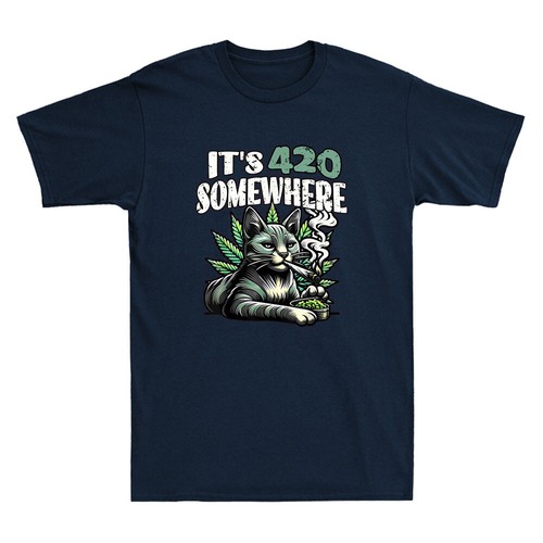 It's 420 Somewhere Funny Weed Cat Smoking High 420 Graphic Vintage Men's T-Shirt - Picture 6 of 8