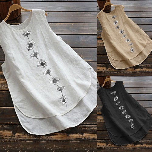 Womens Cotton Linen Sleeveless Tank Top Vest Ladies Loose T-Shirt Cami Blouse US