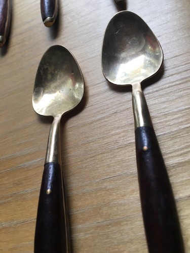 Mid Century Modern Brass Cutlery Rivited Teak Handle - Set Of 5 Fork Knife Spoon - Picture 9 of 12