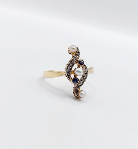 Anillo marquesa antiguo oro 18k perlas, diamante talla rosa y zafiro (alreded... - Imagen 3 de 9