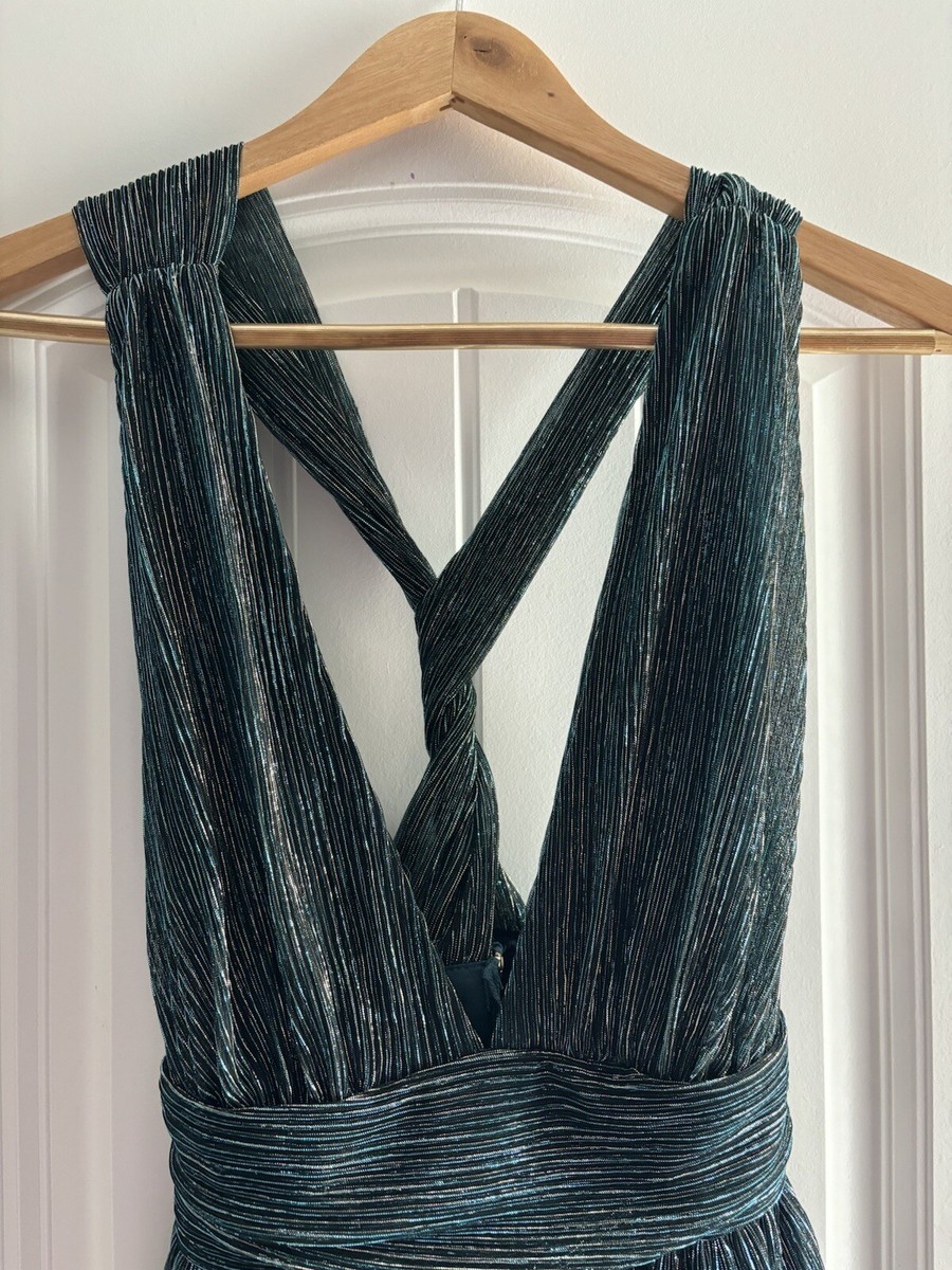 LULUS Ailey Gold Teal Twist Back Skater Dress X-Small Xs 17D1756 Metallic