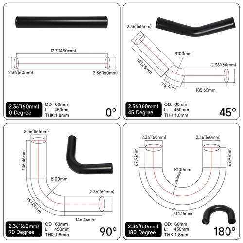 2.36" 60mm Aluminum Universal Intercooler Turbo Piping pipe + Hose Kit Black - Picture 5 of 10