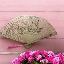 Chinese Wood Decorative Personal Hand Fan Crafted Etched In Original Velvet Box