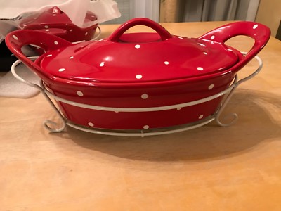 Temp-tations - Red Polka Dot Oval Casserole / Baking Dish, Trivet, Wire Carrier