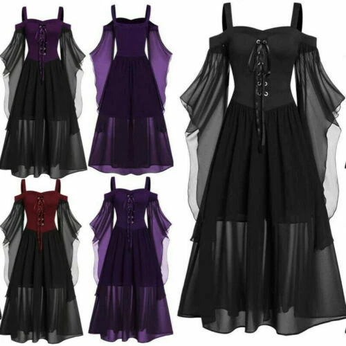 Kleider Plus Gothic Halloween Kleid Schnürärmel Fledermaus Damen Cold Shoulder - Bild 1 von 20
