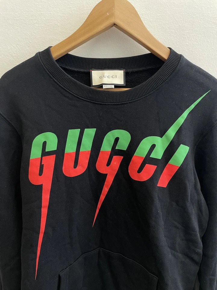 Auténtico Suéter GUCCI PARA HOMBRES Negro 100% Algodón Verde Hoja Roja Estampado Logo Talla S Foto 3 de 4