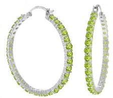 14K. SOLID GOLD HOOP EARRINGS WITH NATURAL PERIDOTS White Gold 
