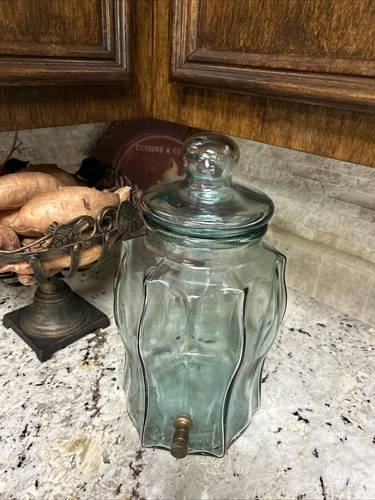 Vintage Green Glass Beverage Dispenser with Brass Spigot SVE, Made in Italy