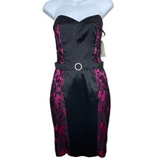 Vintage 80s Jessica McClintock Black Pink Lace Strapless Cocktail Dress Size 10