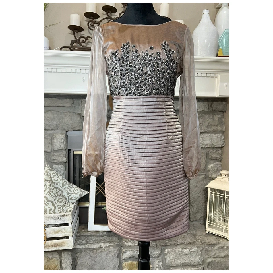 Vestido Vaina Kay Unger Seda Cuentas Talla 8 Taupe Metálico Etéreo Cóctel Fiesta Foto 2 de 4